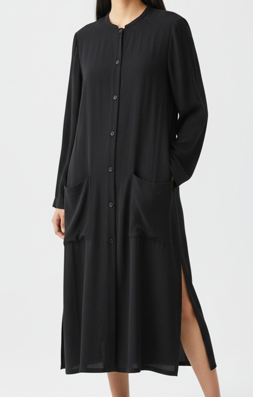 A8 Auth EILEEN FISHER Black Silk Georgette Crepe Band Shirt Oversize Dress Sz XS